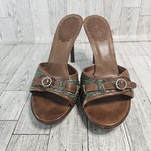 Aldo Heel Mule Sandals Pumps Brown Leather Green Snakeskin Dimond Buckle Size 7